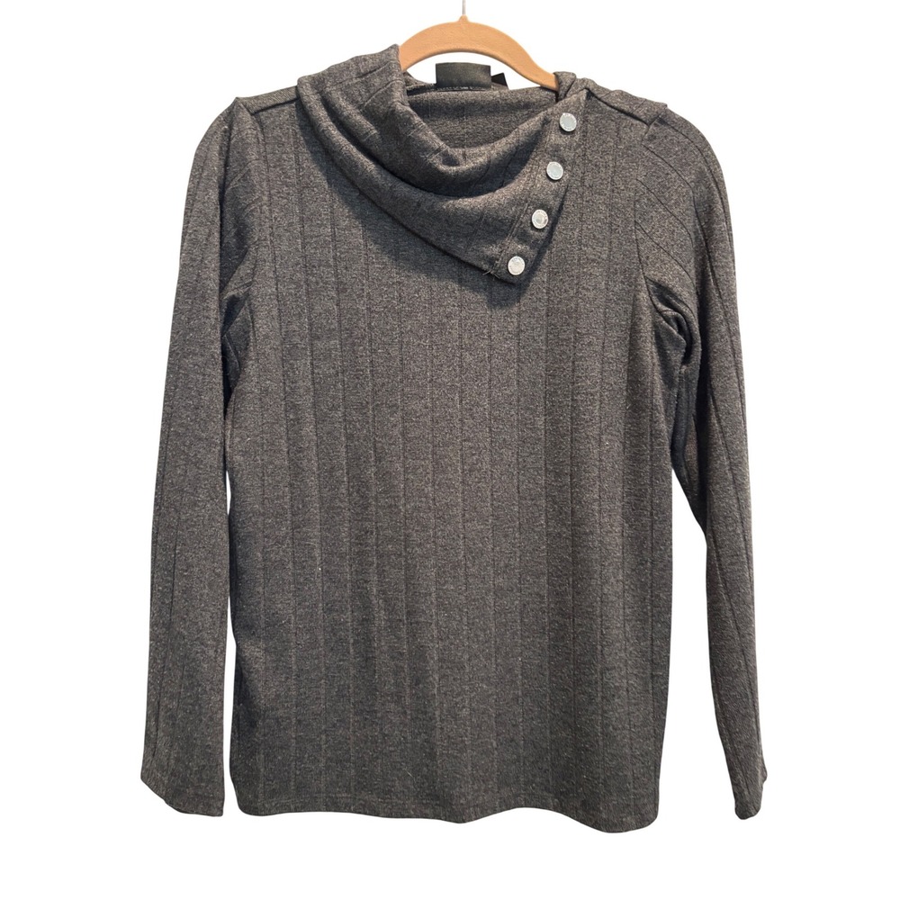 Rafaella Cowl Neck Top Womens‎ XS Gray Ribbed Knit Long Sleeve Button Detail